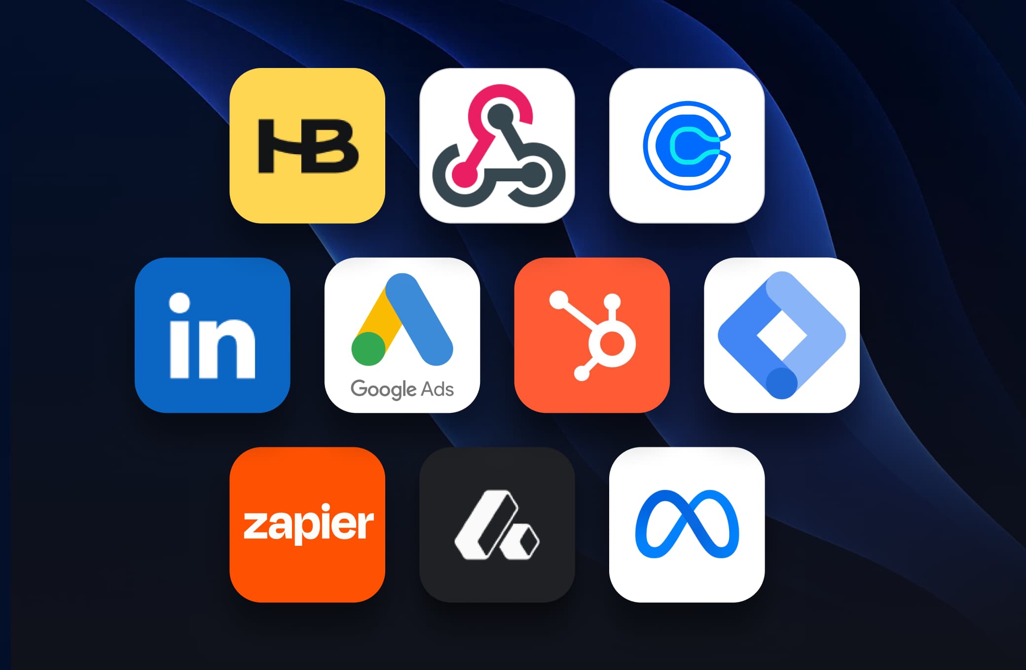 Screenshot of Tapform integrations dashboard with multiple CRM and marketing tools.