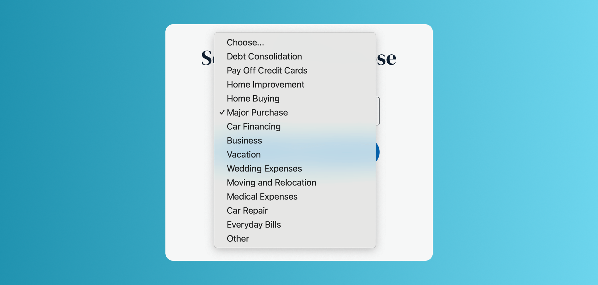 LendingTree dropdown menu in form